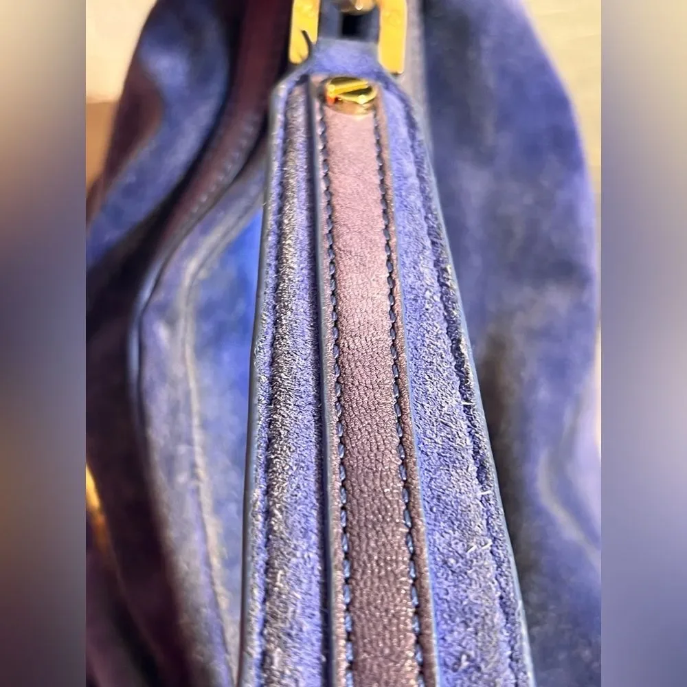 Tory Burch Suede Blue Hobo Bag leather trim gold tone hardware zip top classic